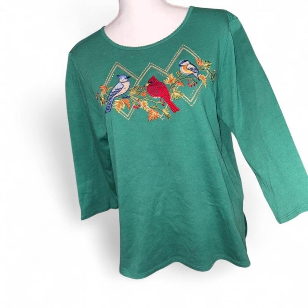 Alfred Dunner Embroidered Cardinal‎ Blue Birds Green Shirt 3/4 Sleeves Ladies S